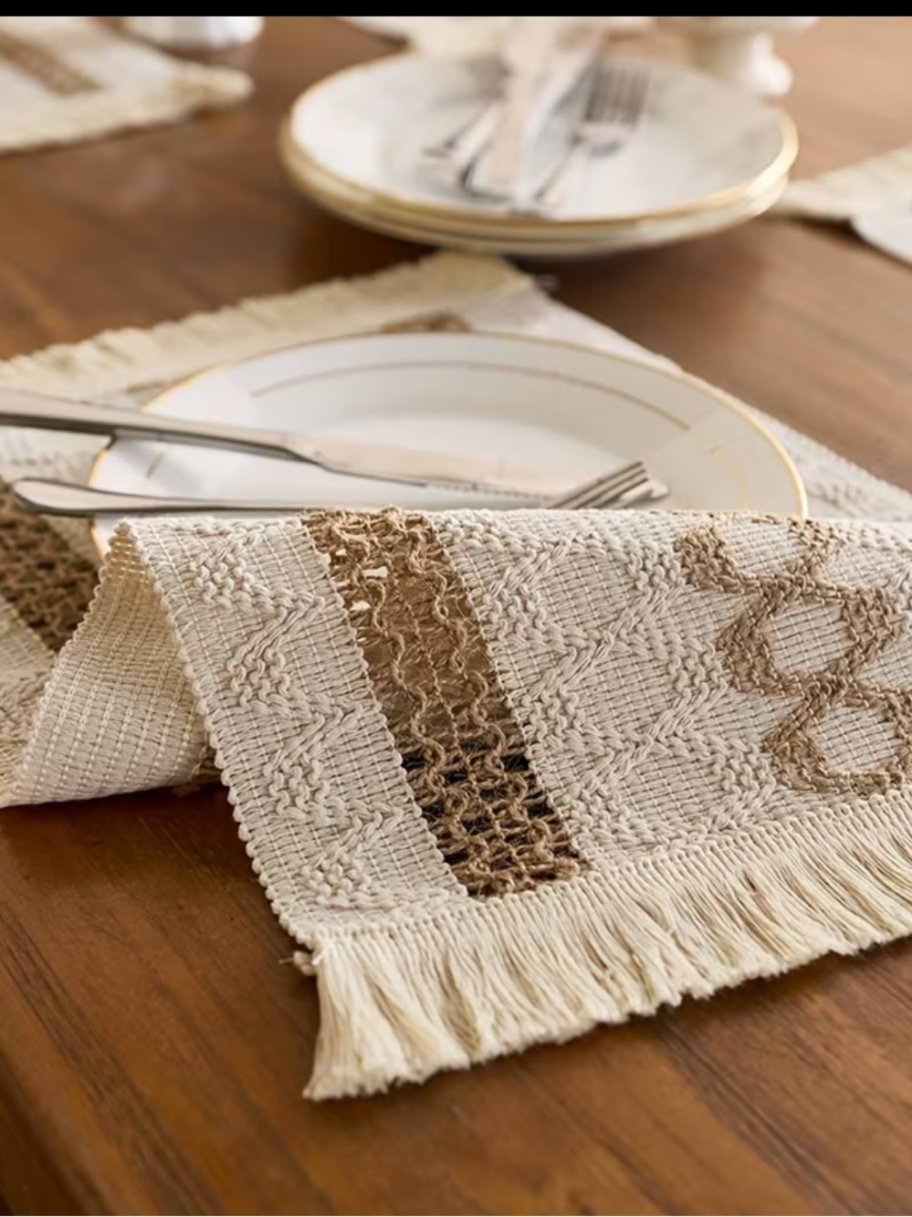 🌾 Set of 8 Boho Farmhouse Placemats – 12”x 20” – Fringe Woven Table Mats - Picture 5 of 6